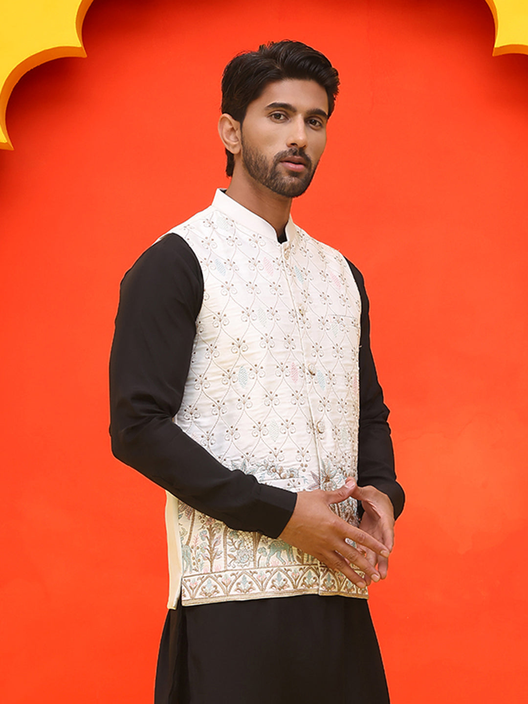 White Embroidered Silk Blend Nehru Jacket For Men
