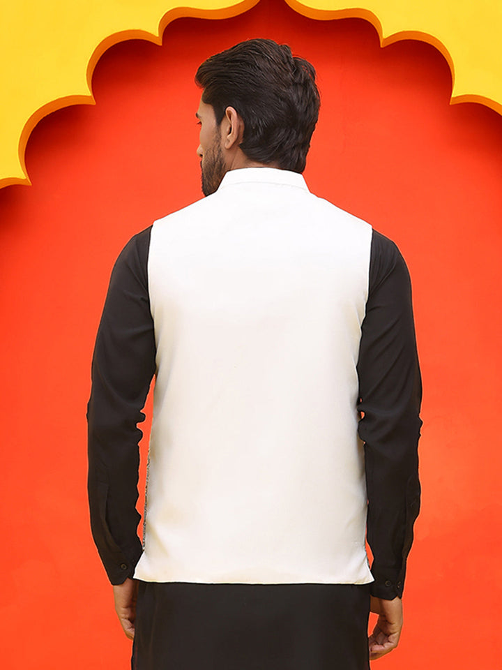 White Embroidered Silk Blend Nehru Jacket For Men