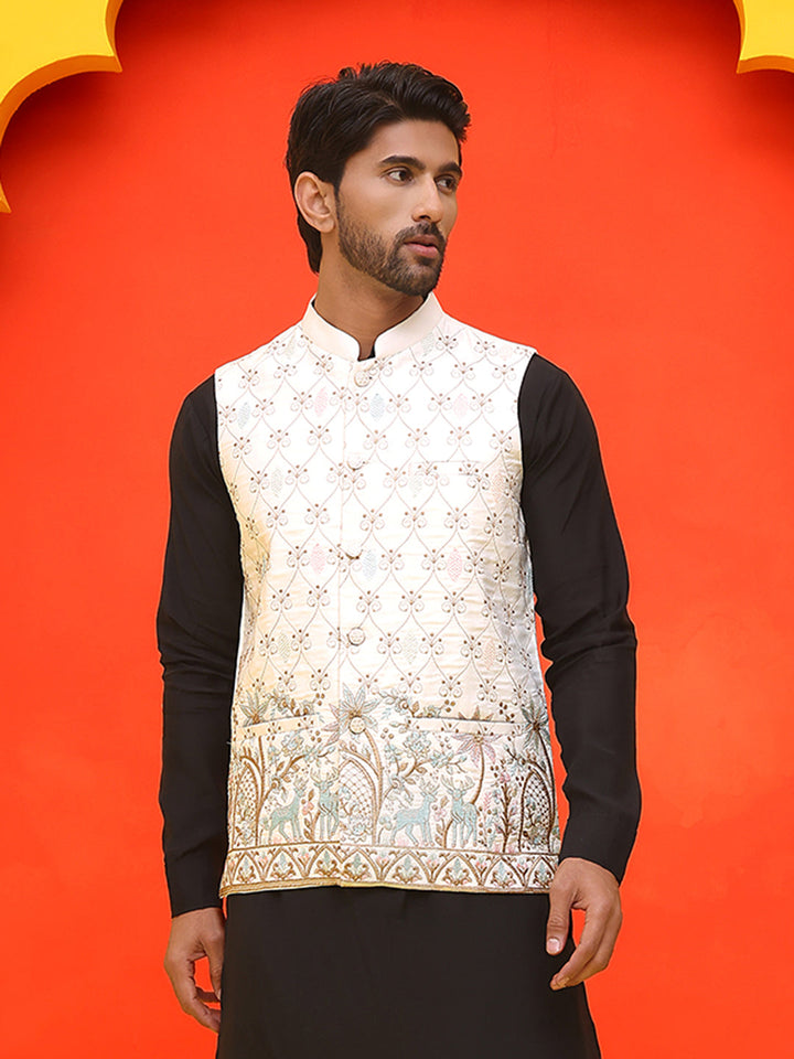 White Embroidered Silk Blend Nehru Jacket For Men
