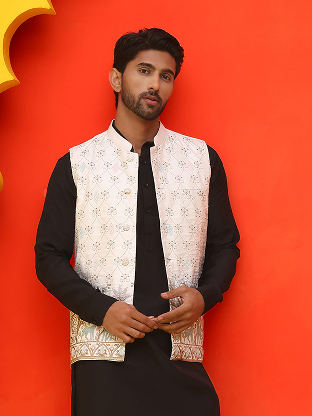 White Embroidered Silk Blend Nehru Jacket For Men