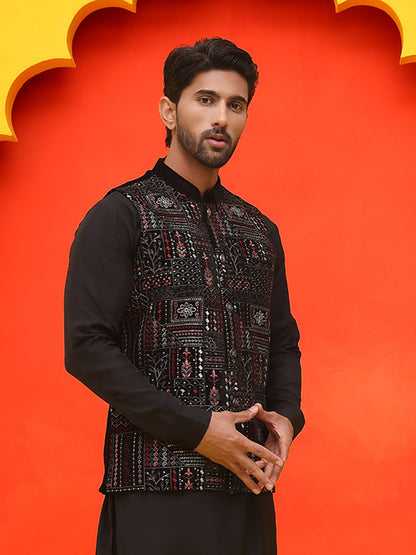 Black Embroidered Velvet Nehru Jacket For Men