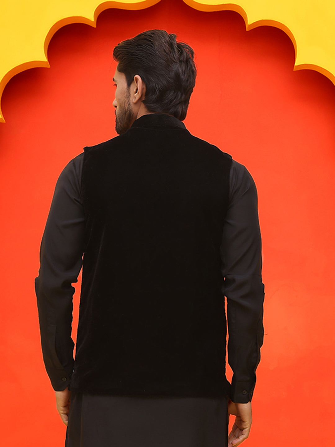 Black Embroidered Velvet Nehru Jacket For Men