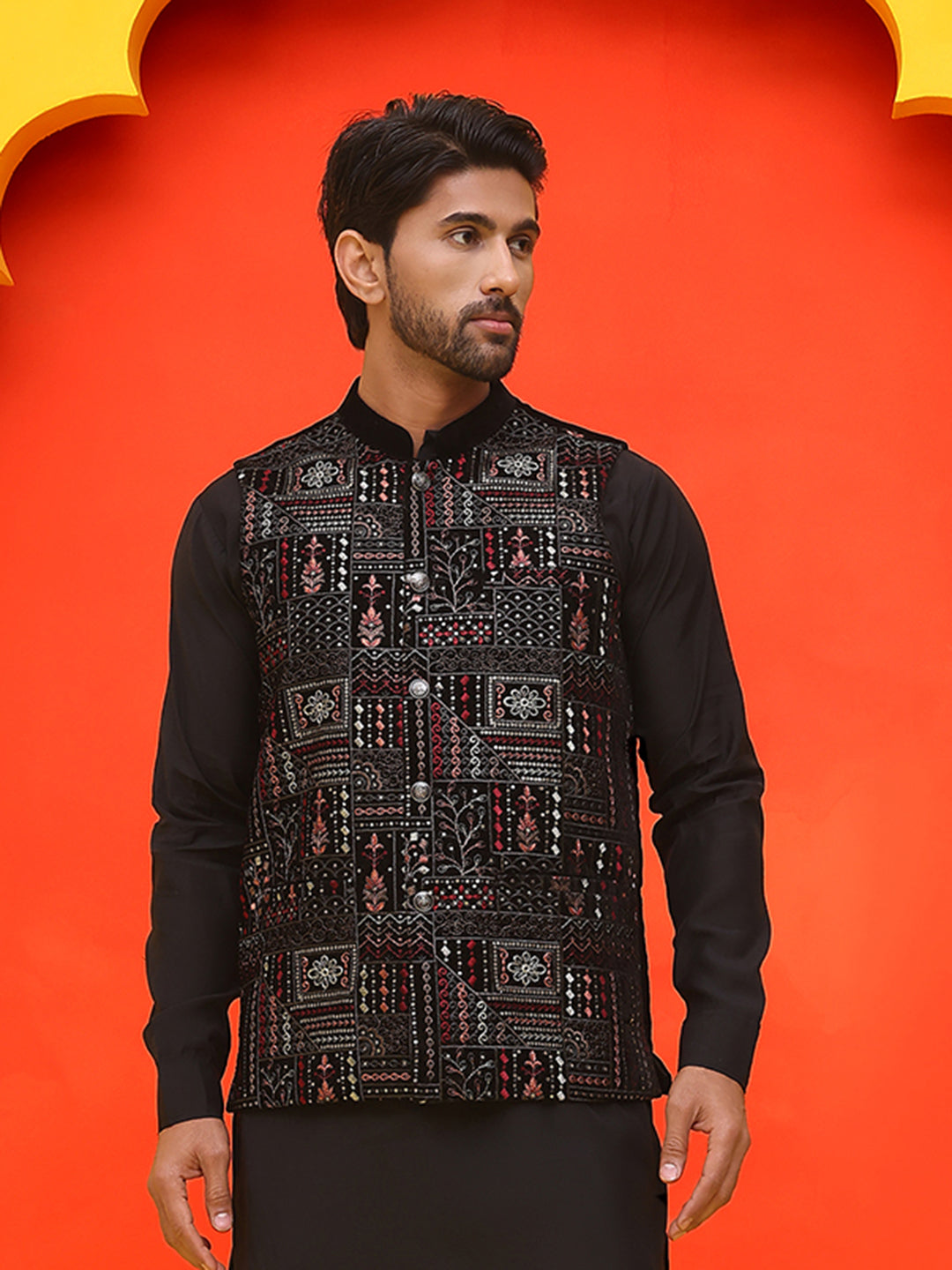 Black Embroidered Velvet Nehru Jacket For Men