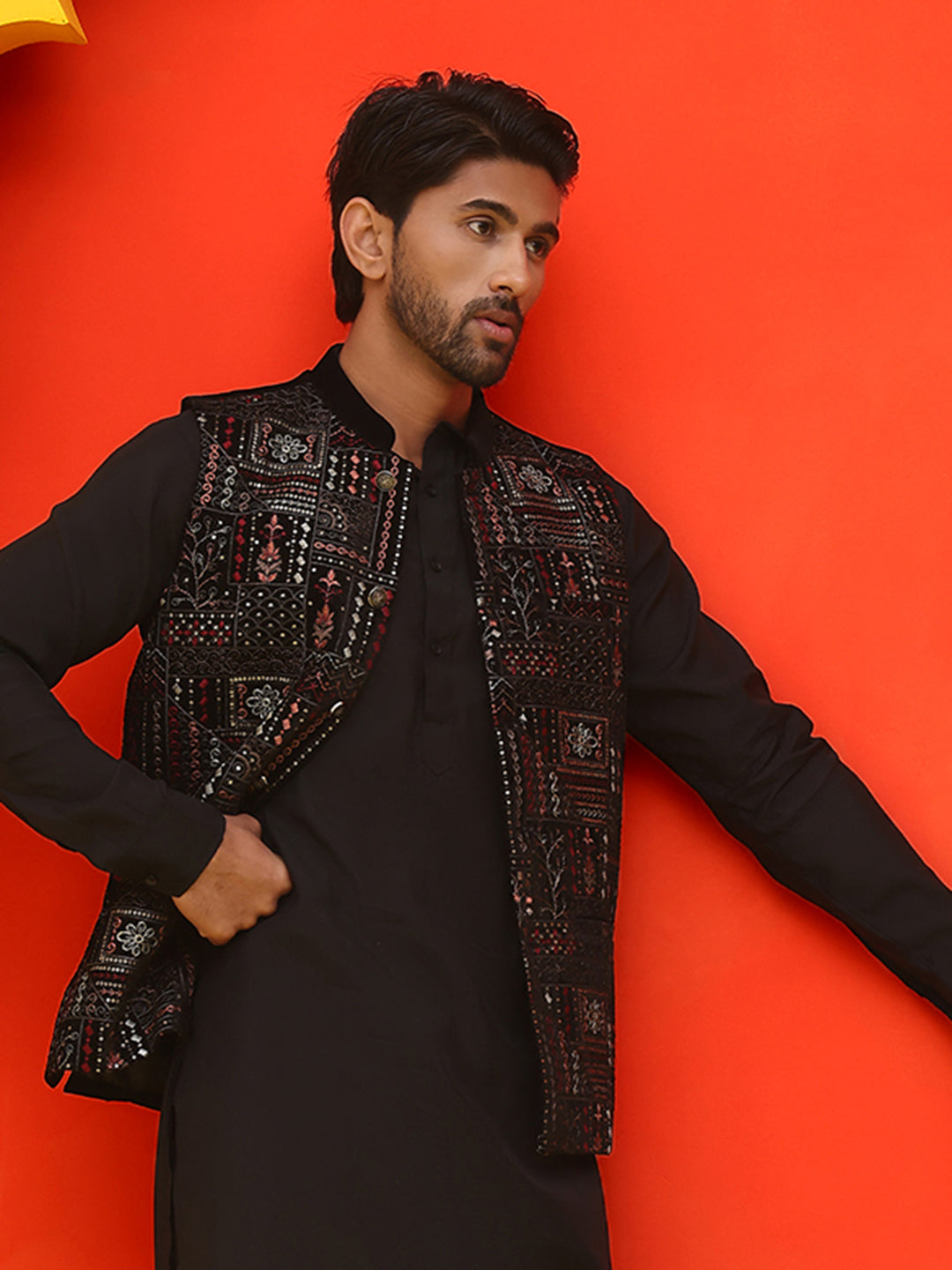 Black Embroidered Velvet Nehru Jacket For Men