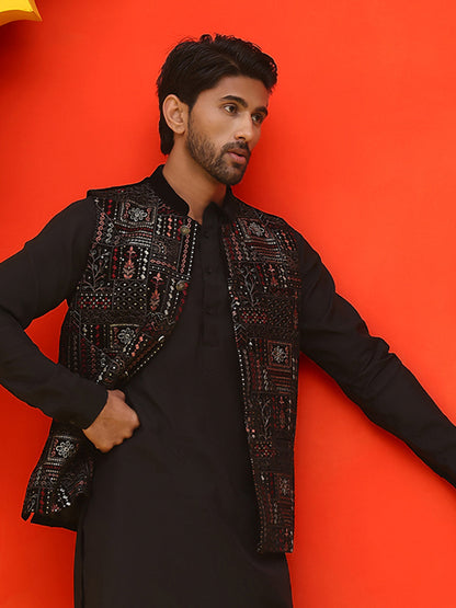 Black Embroidered Velvet Nehru Jacket For Men
