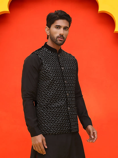 Black Embroidered Velvet Nehru Jacket For Men