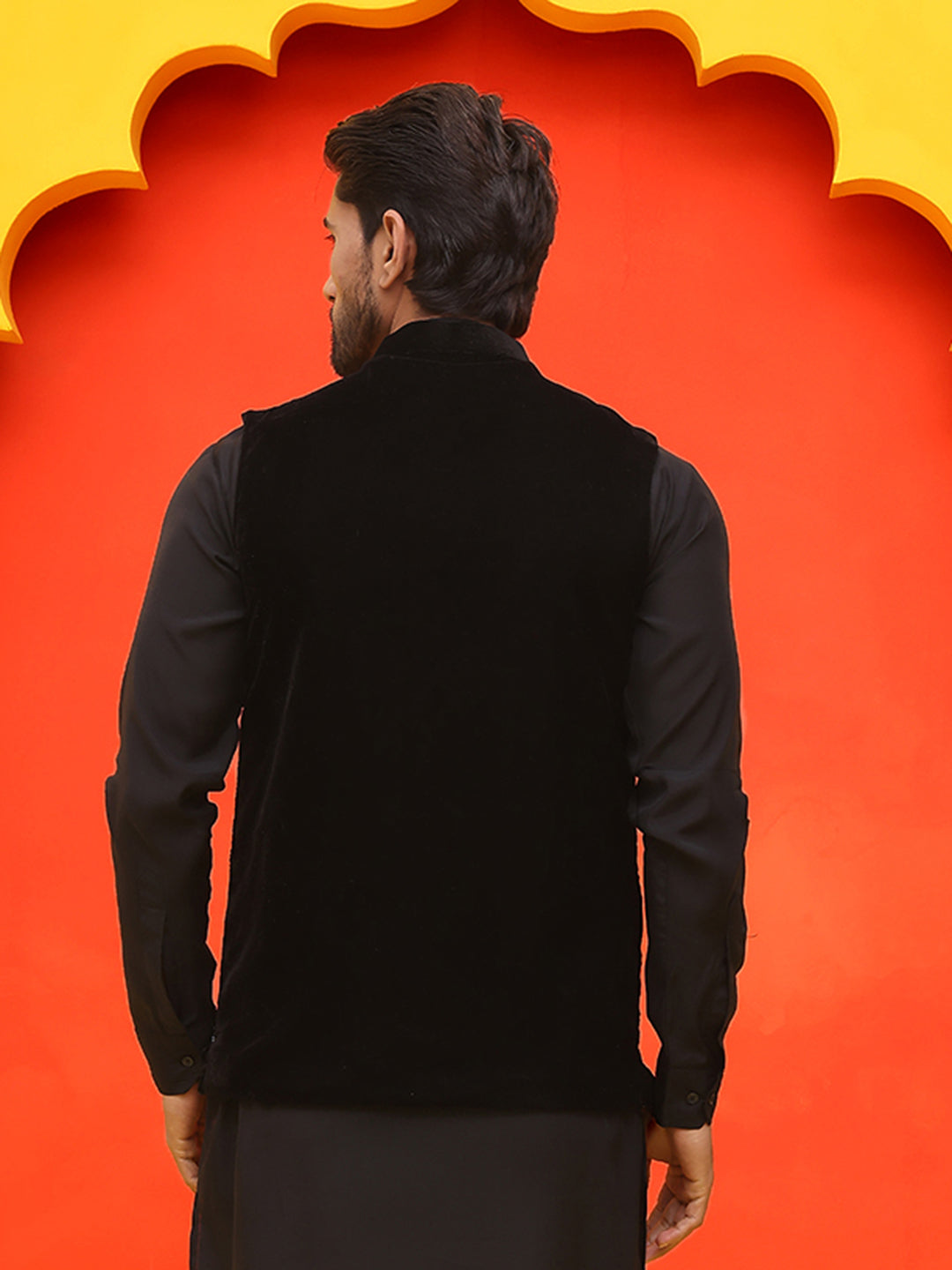 Black Embroidered Velvet Nehru Jacket For Men