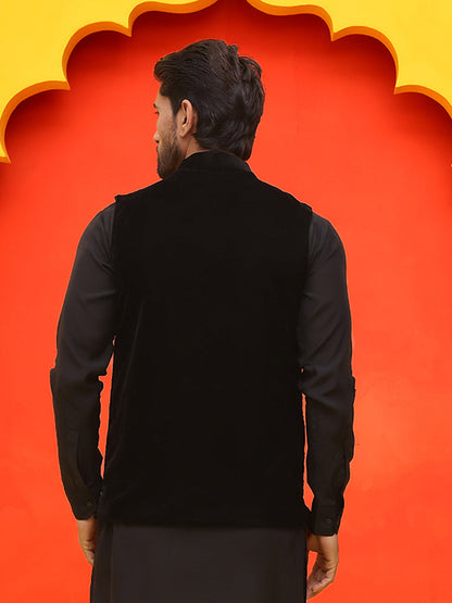 Black Embroidered Velvet Nehru Jacket For Men