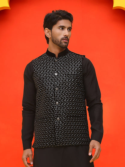 Black Embroidered Velvet Nehru Jacket For Men
