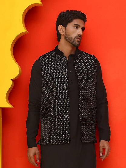 Black Embroidered Velvet Nehru Jacket For Men