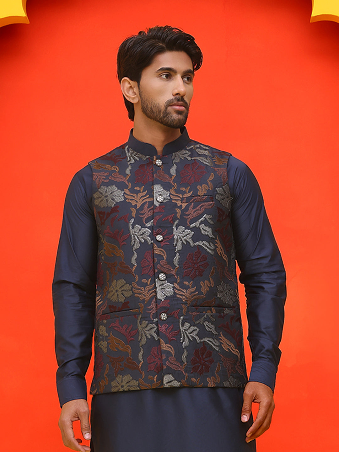 Embroidered Silk Blend Nehru Jacket.