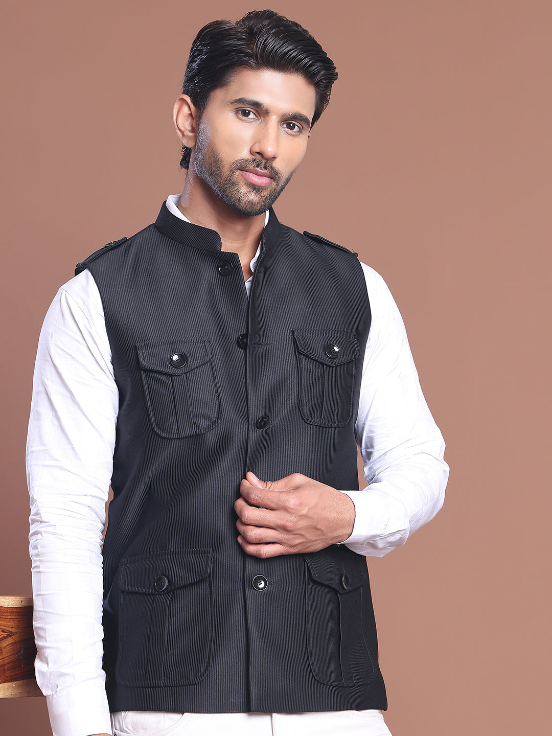 Black Solid Nehru Jacket For Men