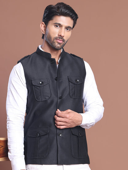 Black Solid Nehru Jacket For Men