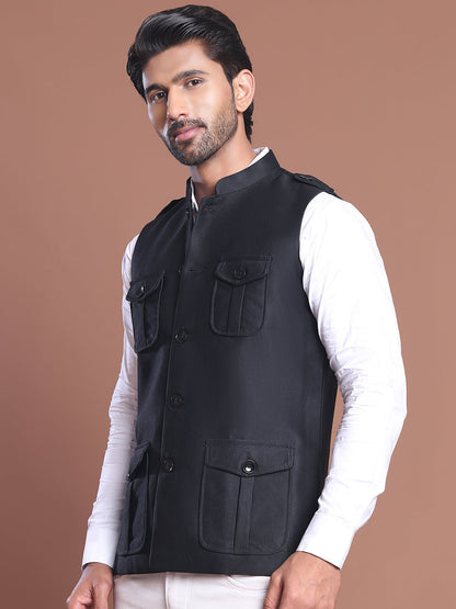 Black Solid Nehru Jacket For Men