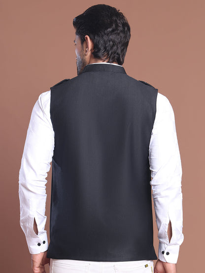 Black Solid Nehru Jacket For Men