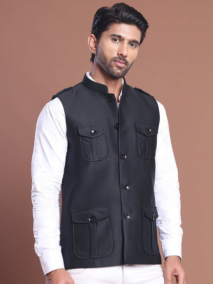 Black Solid Nehru Jacket For Men