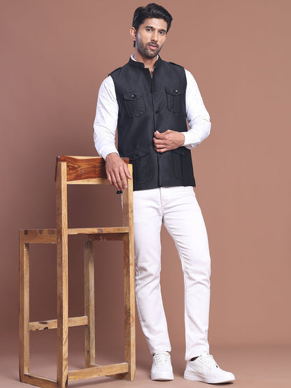 Black Solid Nehru Jacket For Men