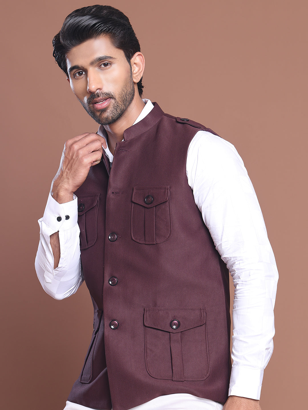 Maroon Solid Nehru Jacket For Men