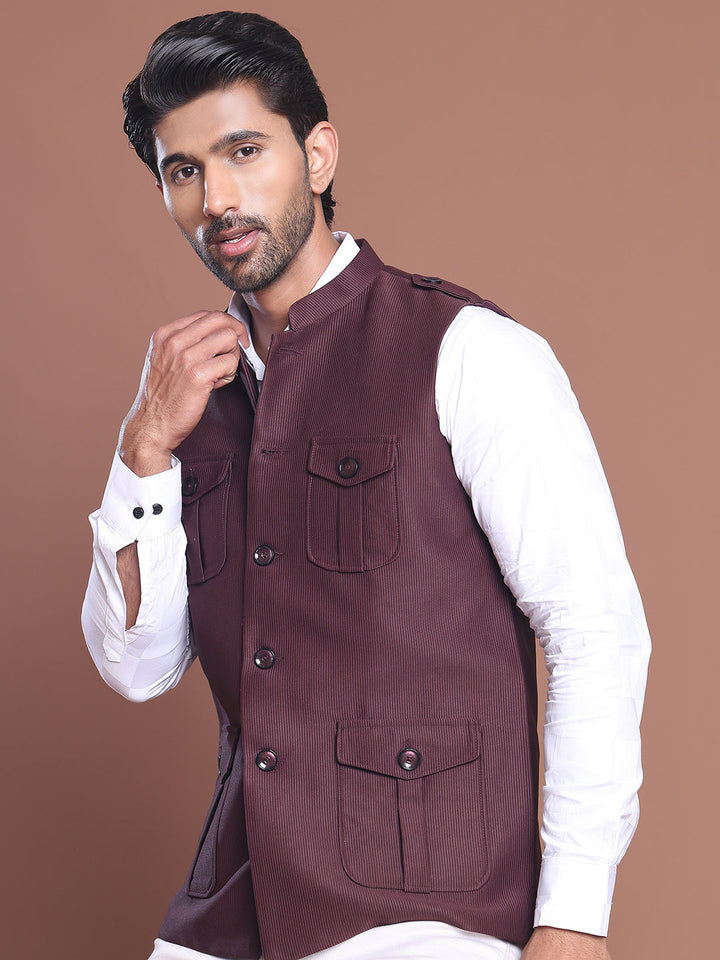 Maroon Solid Nehru Jacket For Men