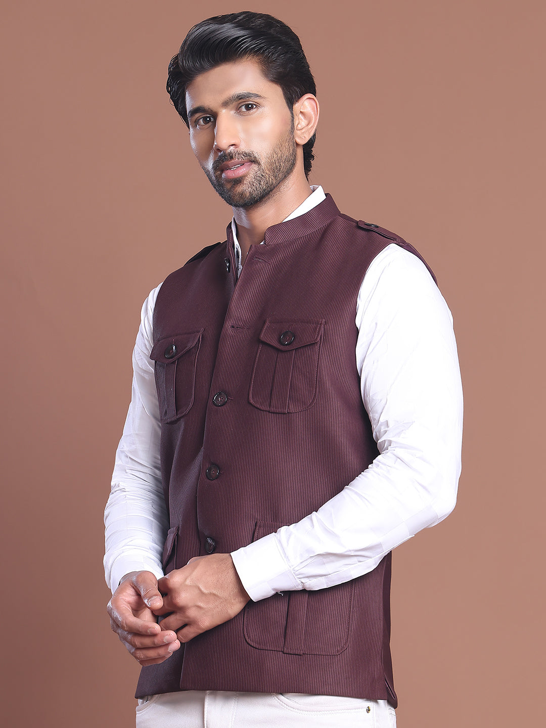 Maroon Solid Nehru Jacket For Men