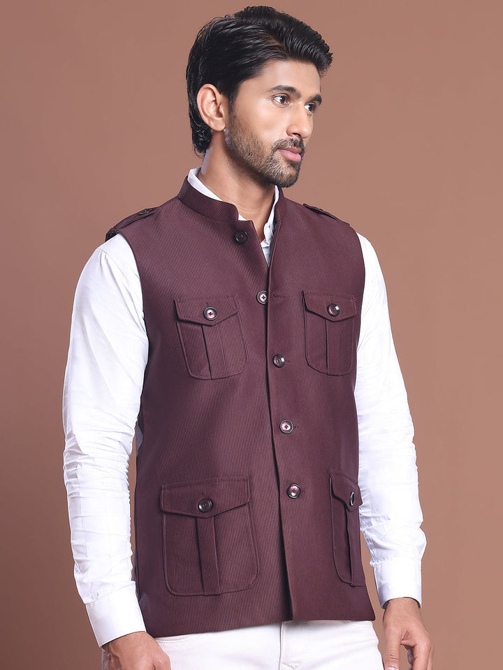 Maroon Solid Nehru Jacket For Men