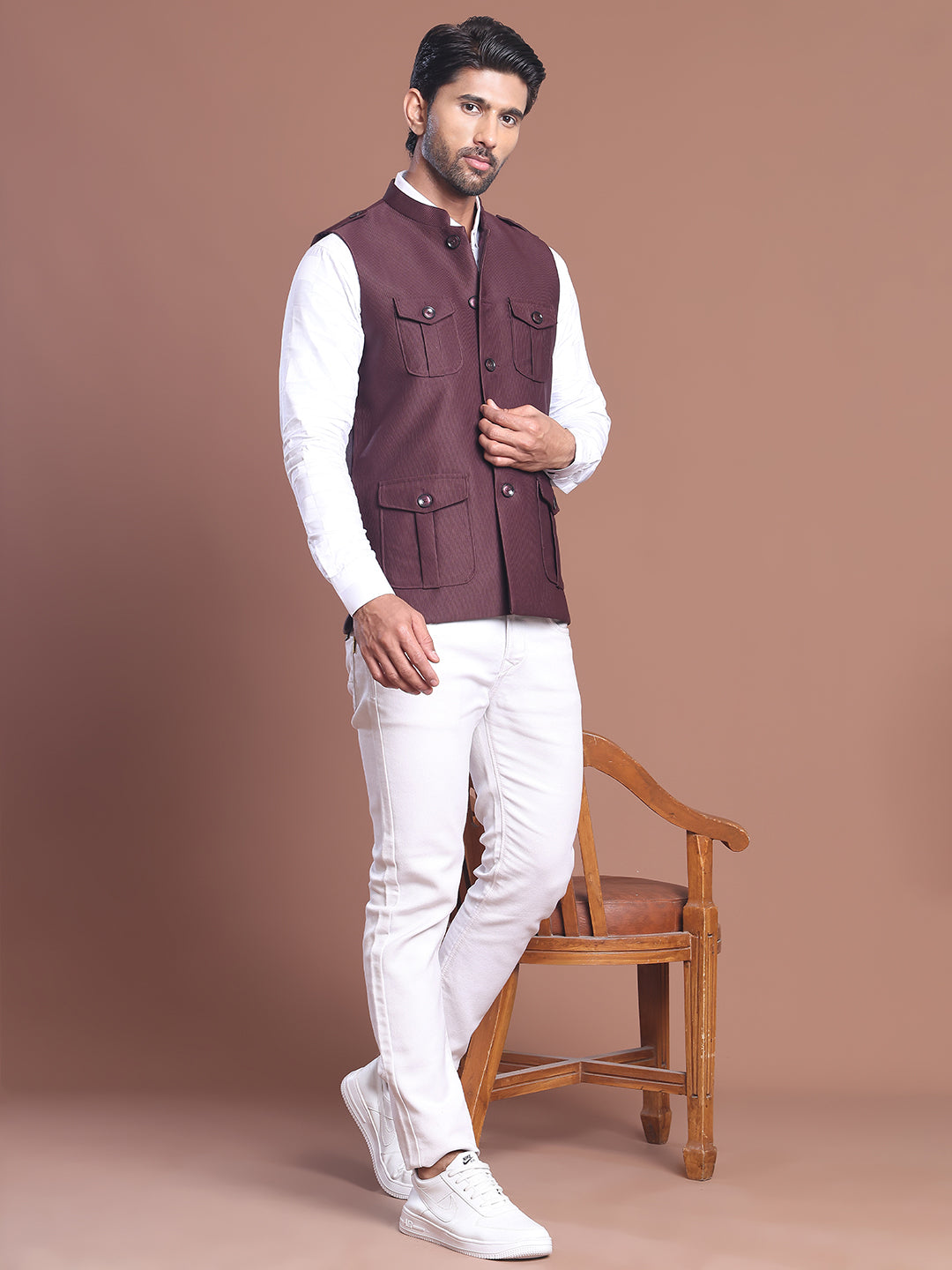 Maroon Solid Nehru Jacket For Men