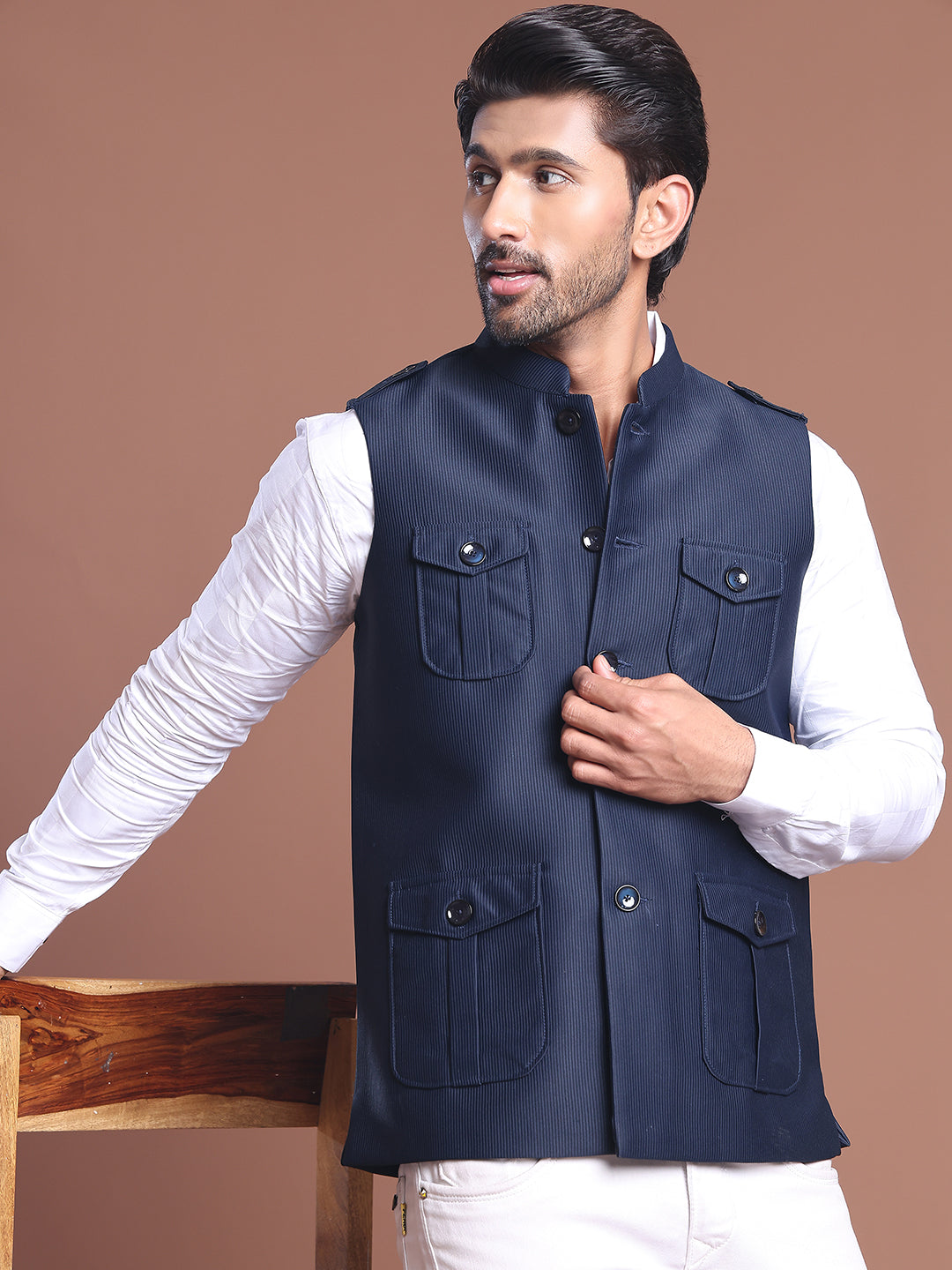 Navy Blue Solid Nehru Jacket For Men