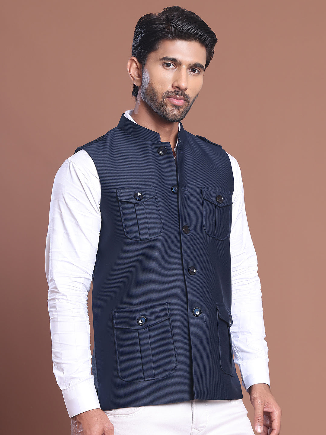 Navy Blue Solid Nehru Jacket For Men