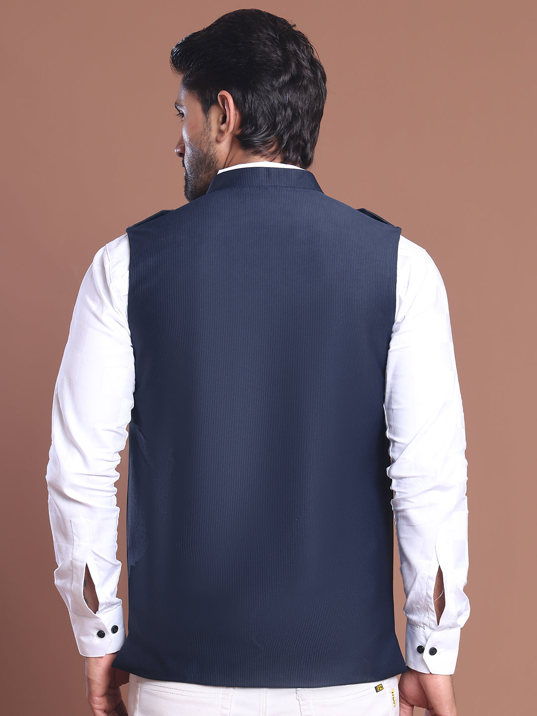 Navy Blue Solid Nehru Jacket For Men