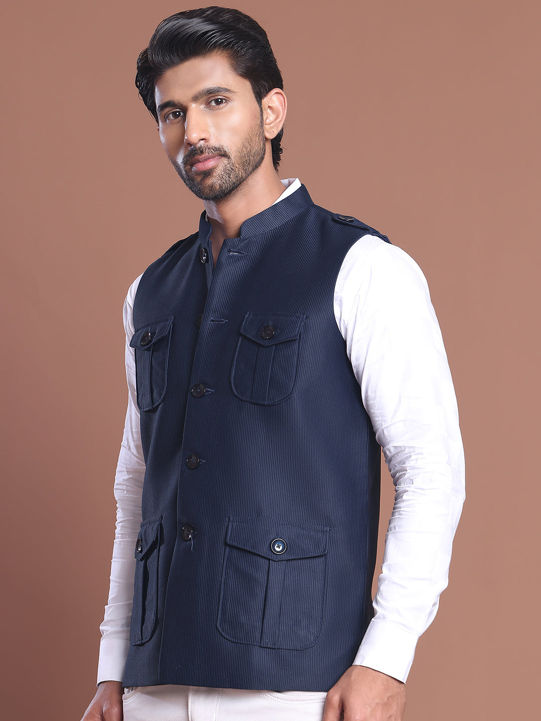 Navy Blue Solid Nehru Jacket For Men