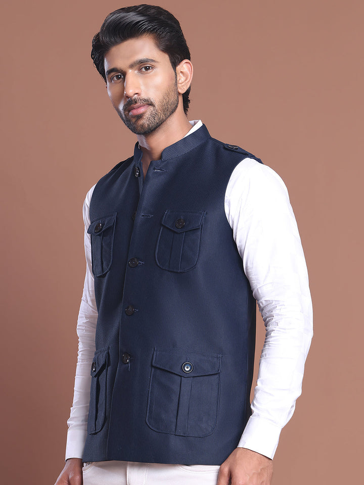 Navy Blue Solid Nehru Jacket For Men