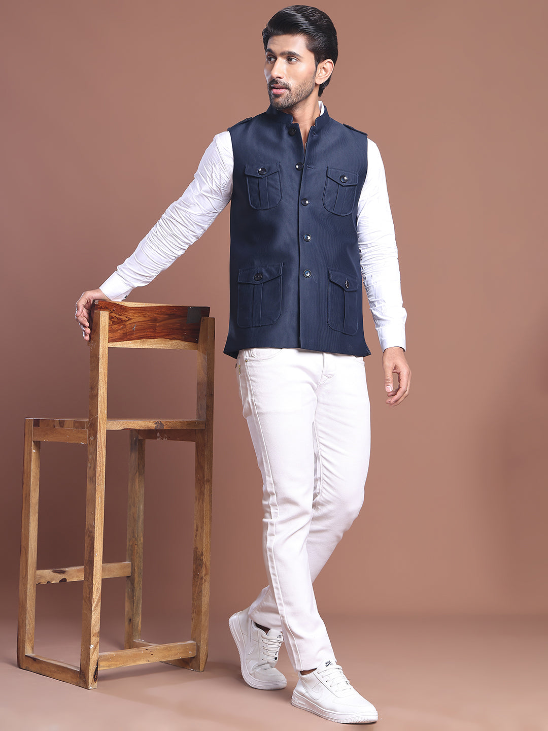 Navy Blue Solid Nehru Jacket For Men