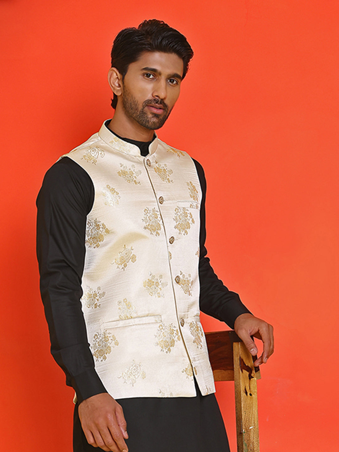 Embossed Design Nehru Jacket For Men
