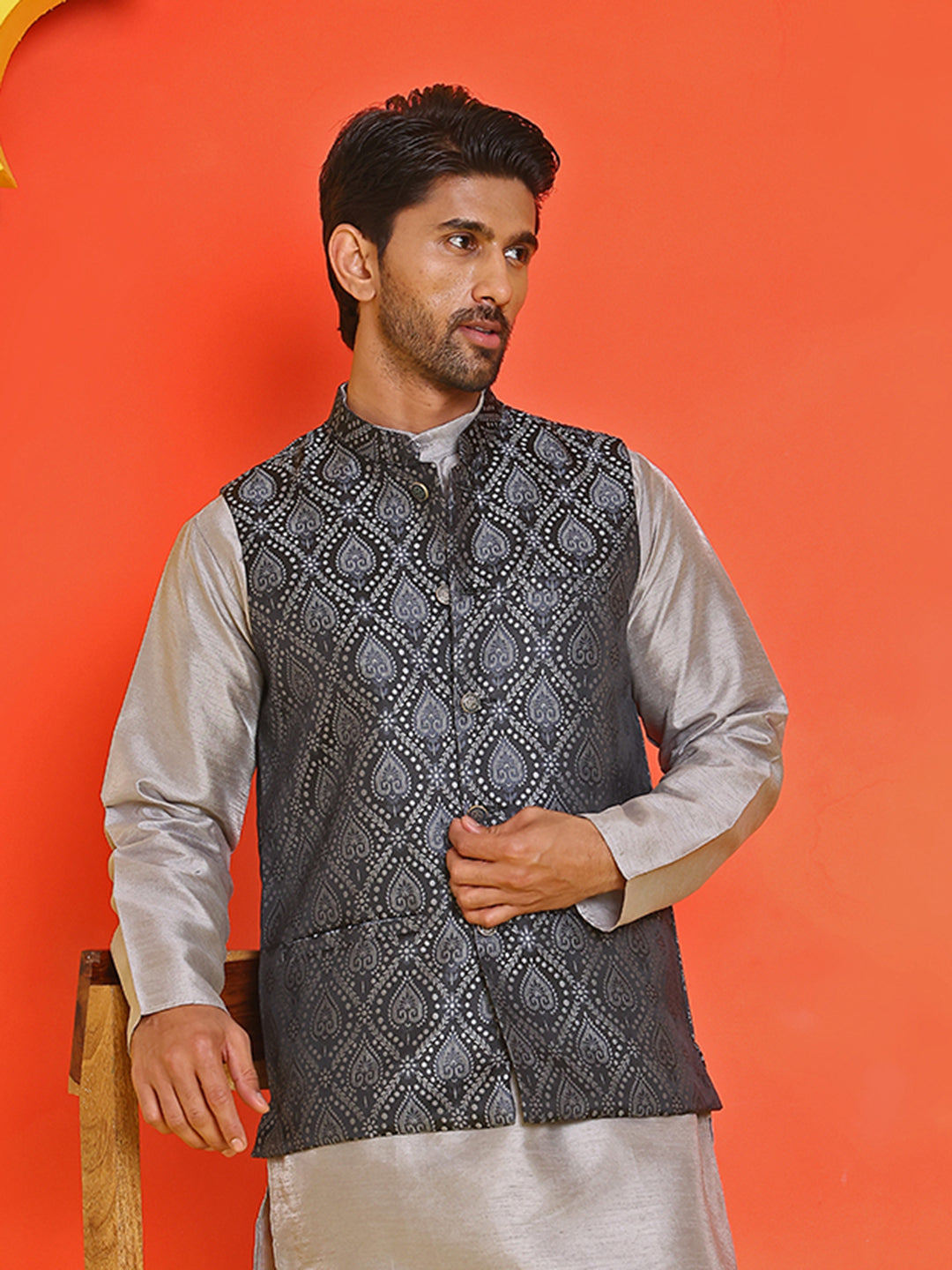 Woven Design Nehru Jacket For Men