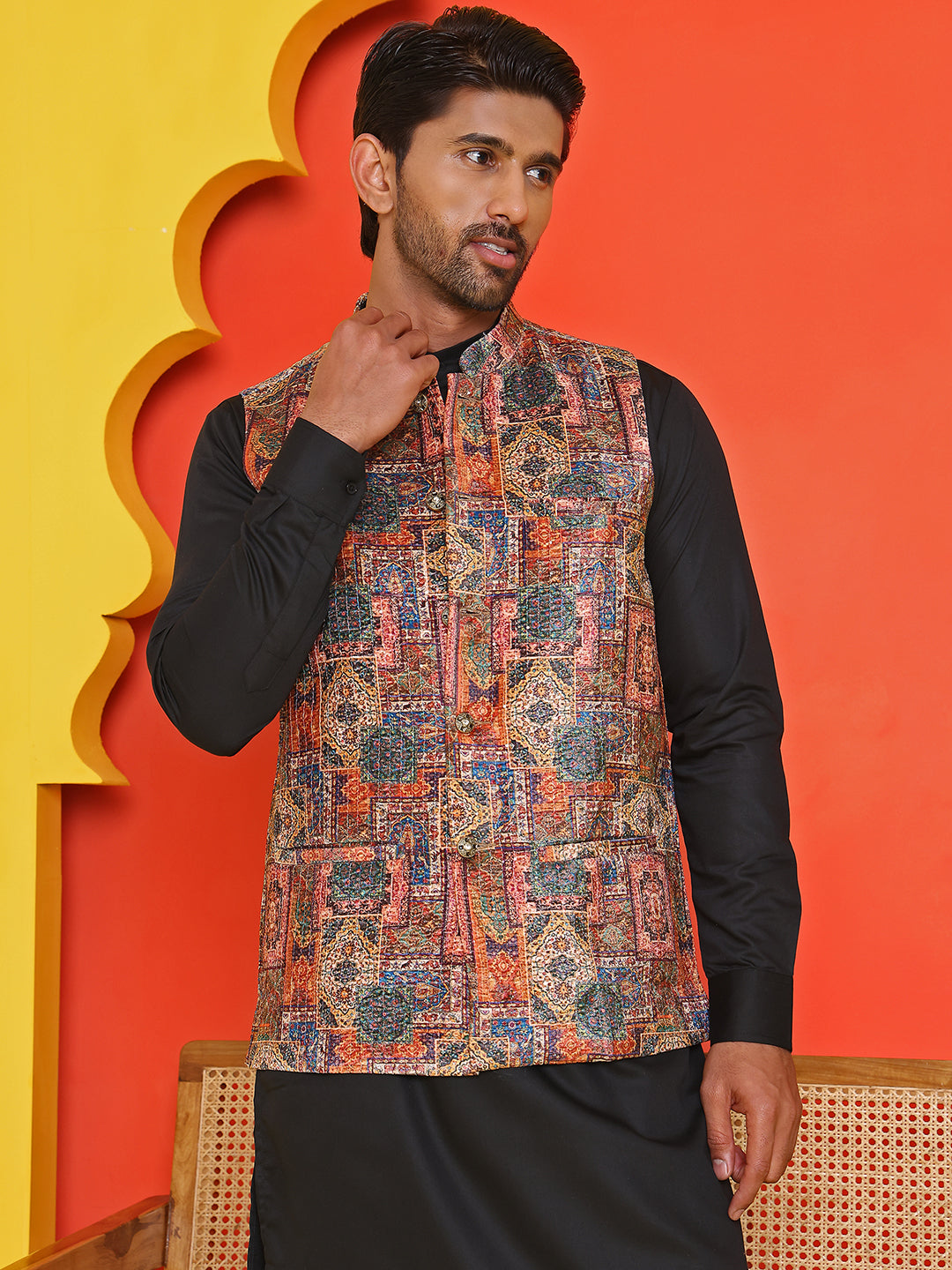 Printed &amp; Sequins Velvet Nehru Jacket For Men