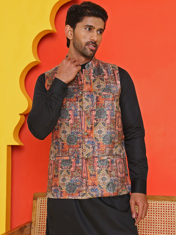 Printed &amp; Sequins Velvet Nehru Jacket For Men
