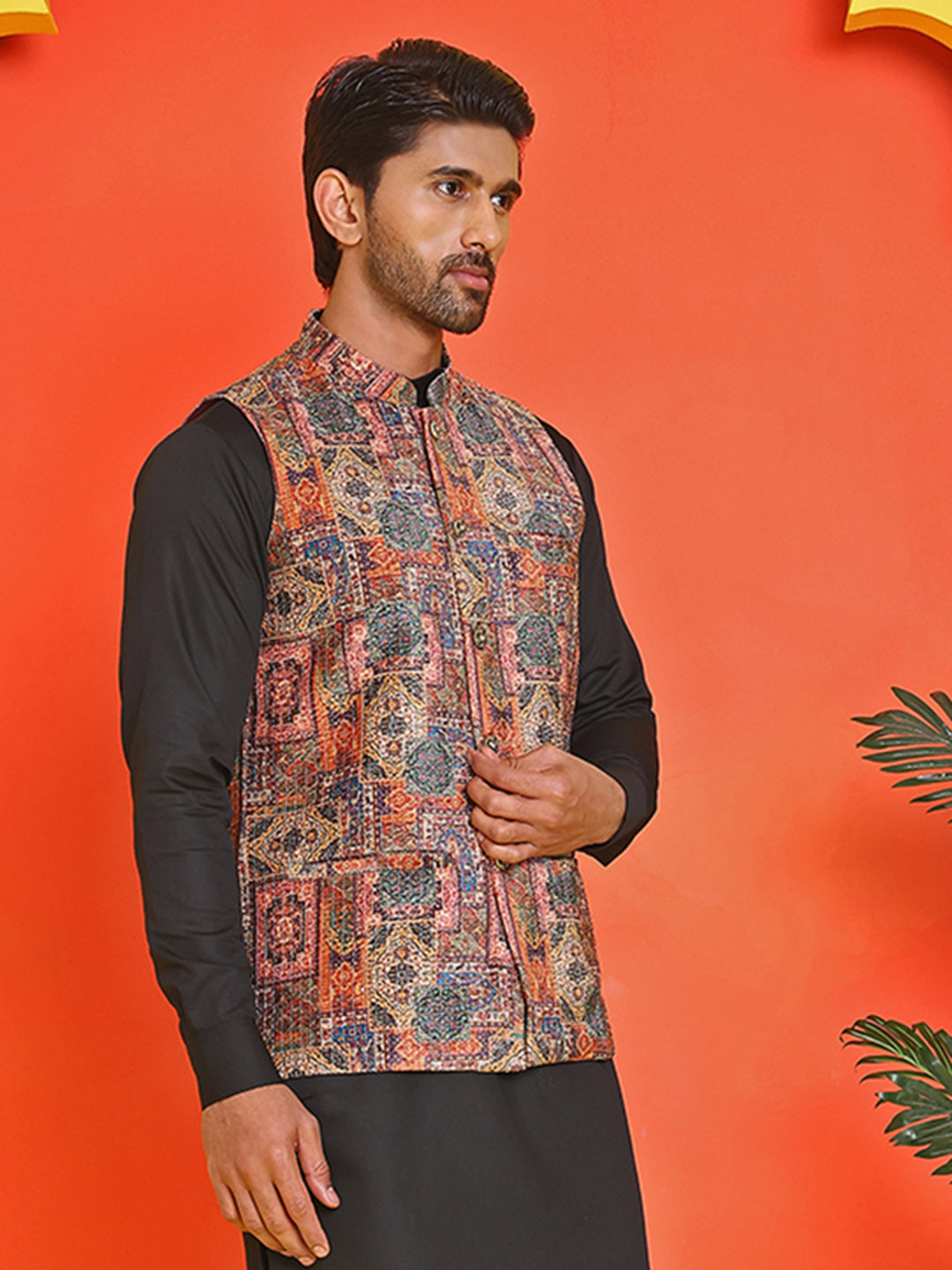 Printed &amp; Sequins Velvet Nehru Jacket For Men