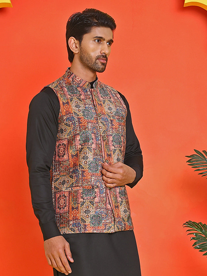 Printed &amp; Sequins Velvet Nehru Jacket For Men