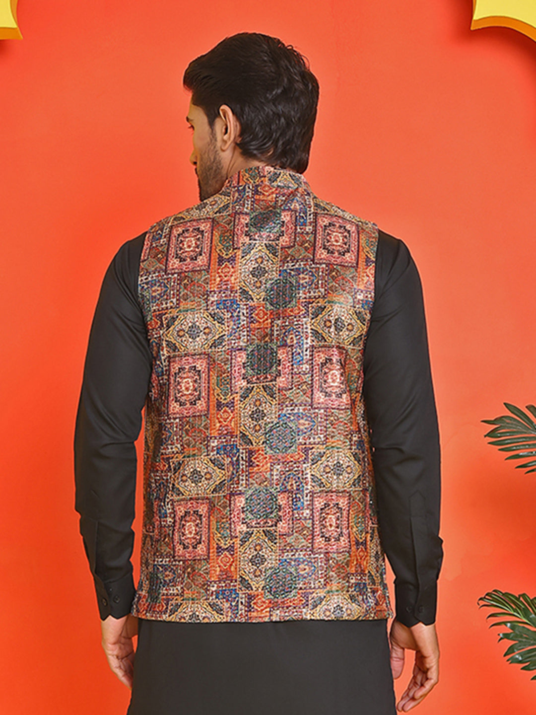 Printed &amp; Sequins Velvet Nehru Jacket For Men