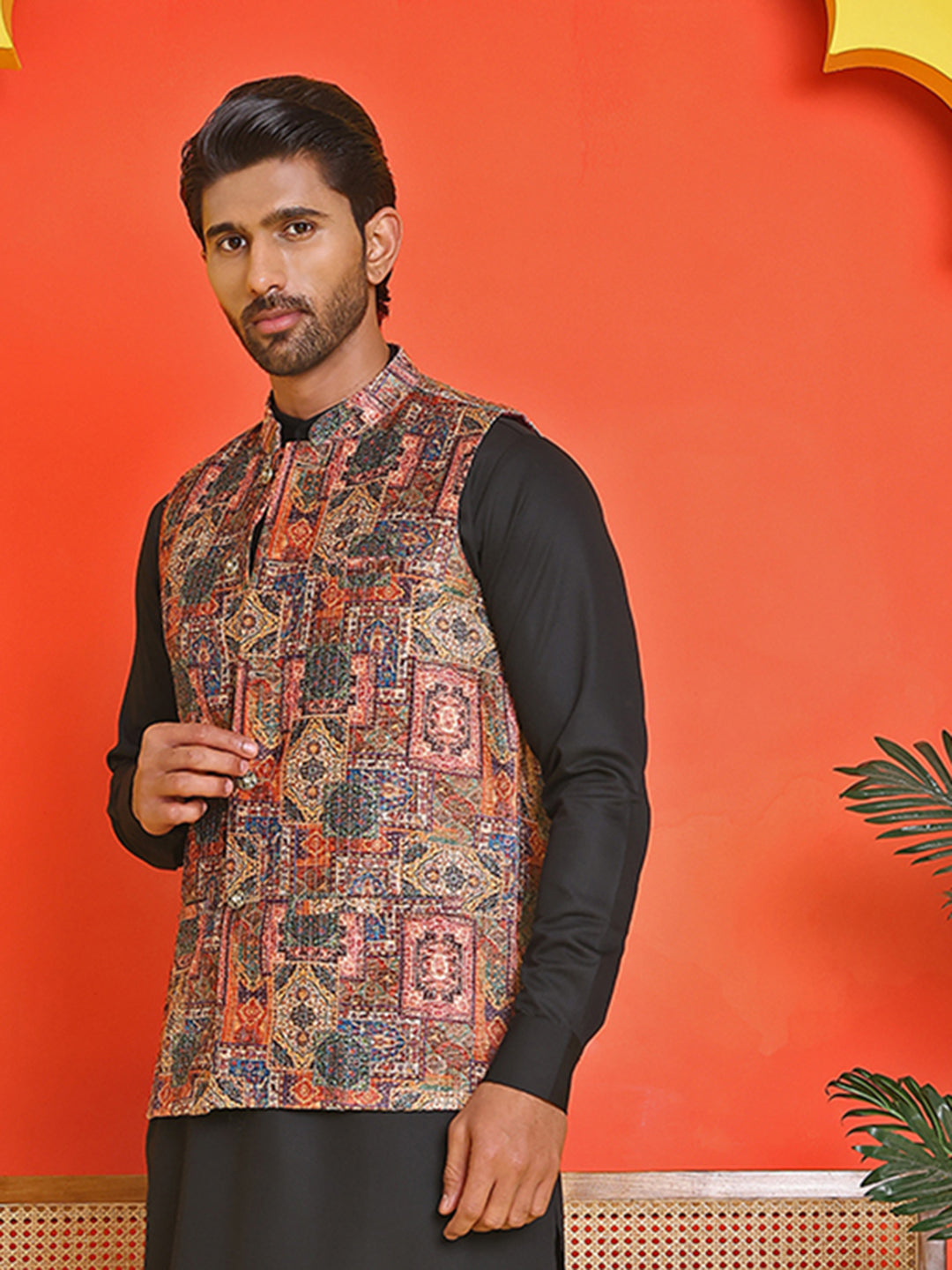 Printed &amp; Sequins Velvet Nehru Jacket For Men