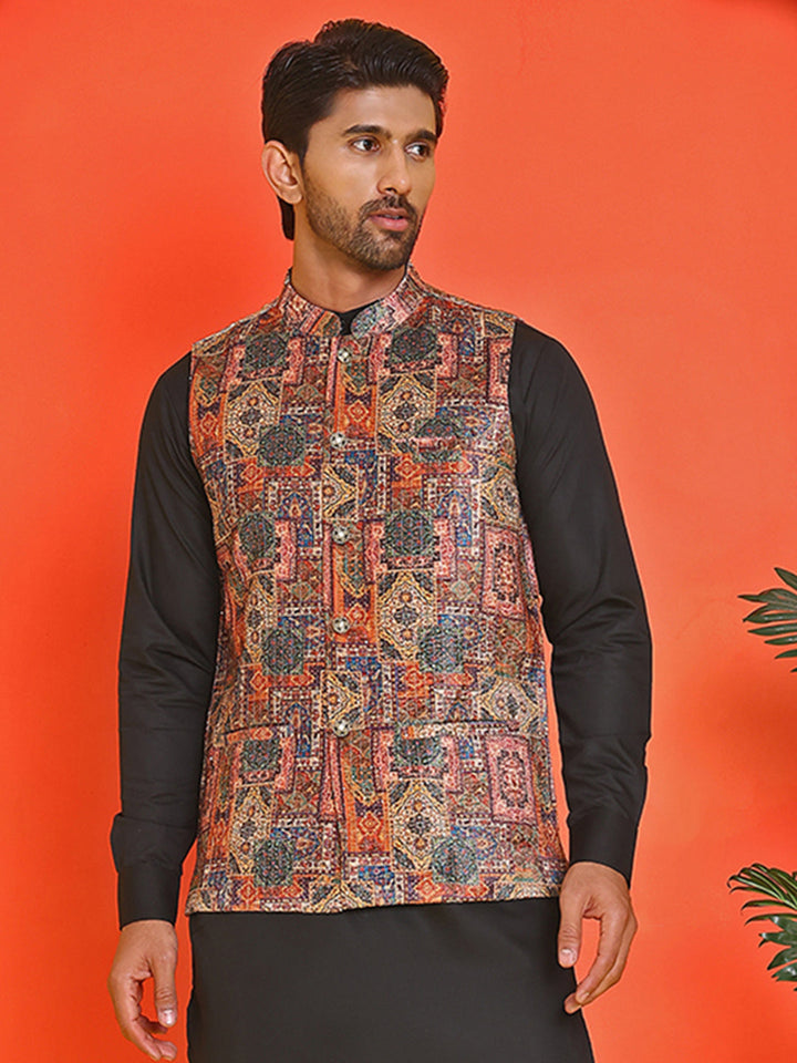 Printed &amp; Sequins Velvet Nehru Jacket For Men