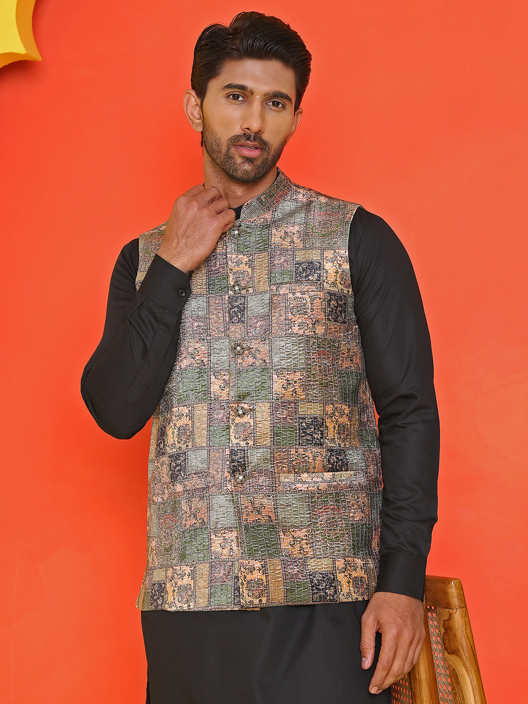 Printed &amp; Sequins Velvet Nehru Jacket For Men