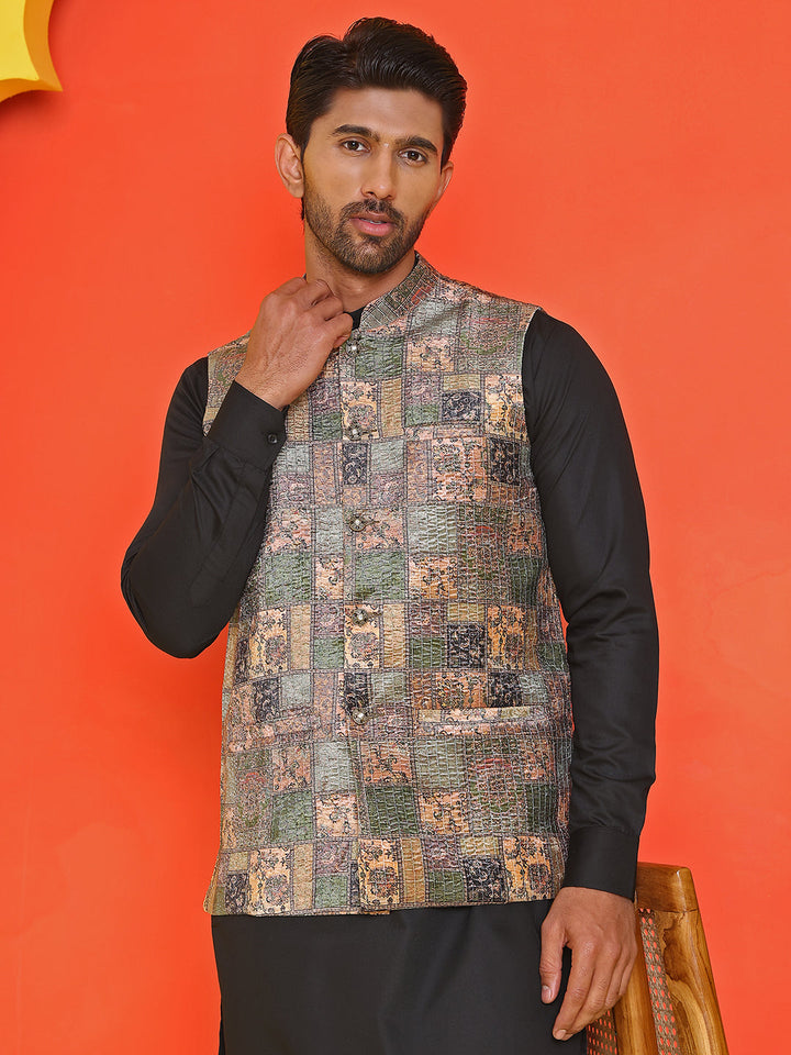Printed &amp; Sequins Velvet Nehru Jacket For Men