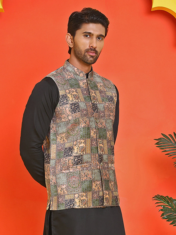 Printed &amp; Sequins Velvet Nehru Jacket For Men