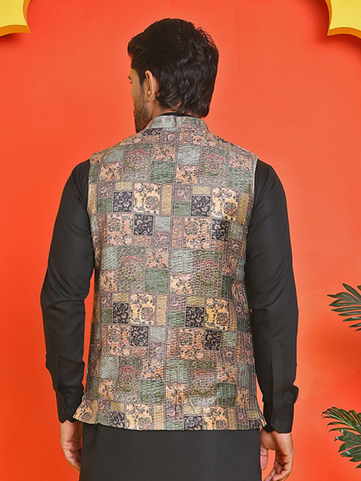 Printed &amp; Sequins Velvet Nehru Jacket For Men
