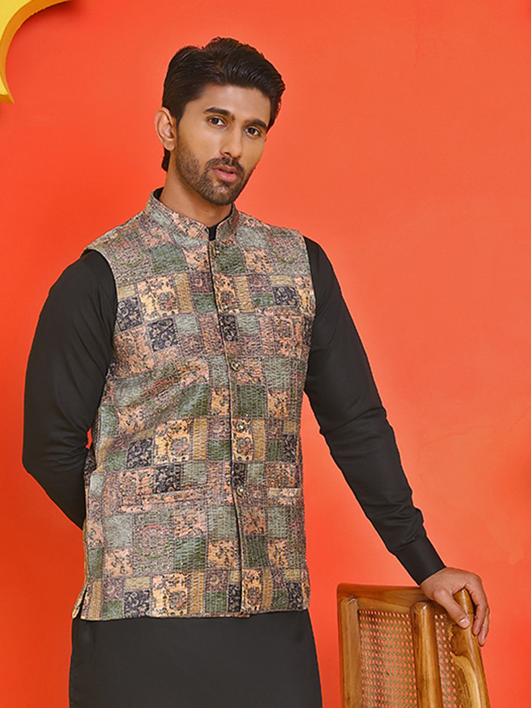 Printed &amp; Sequins Velvet Nehru Jacket For Men