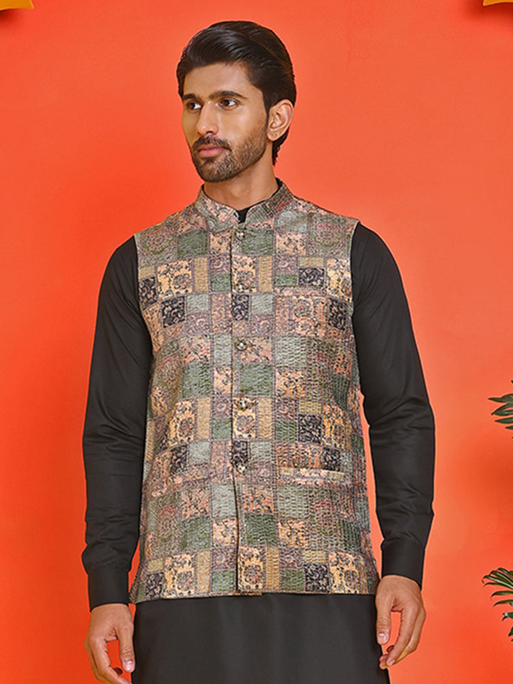Printed &amp; Sequins Velvet Nehru Jacket For Men
