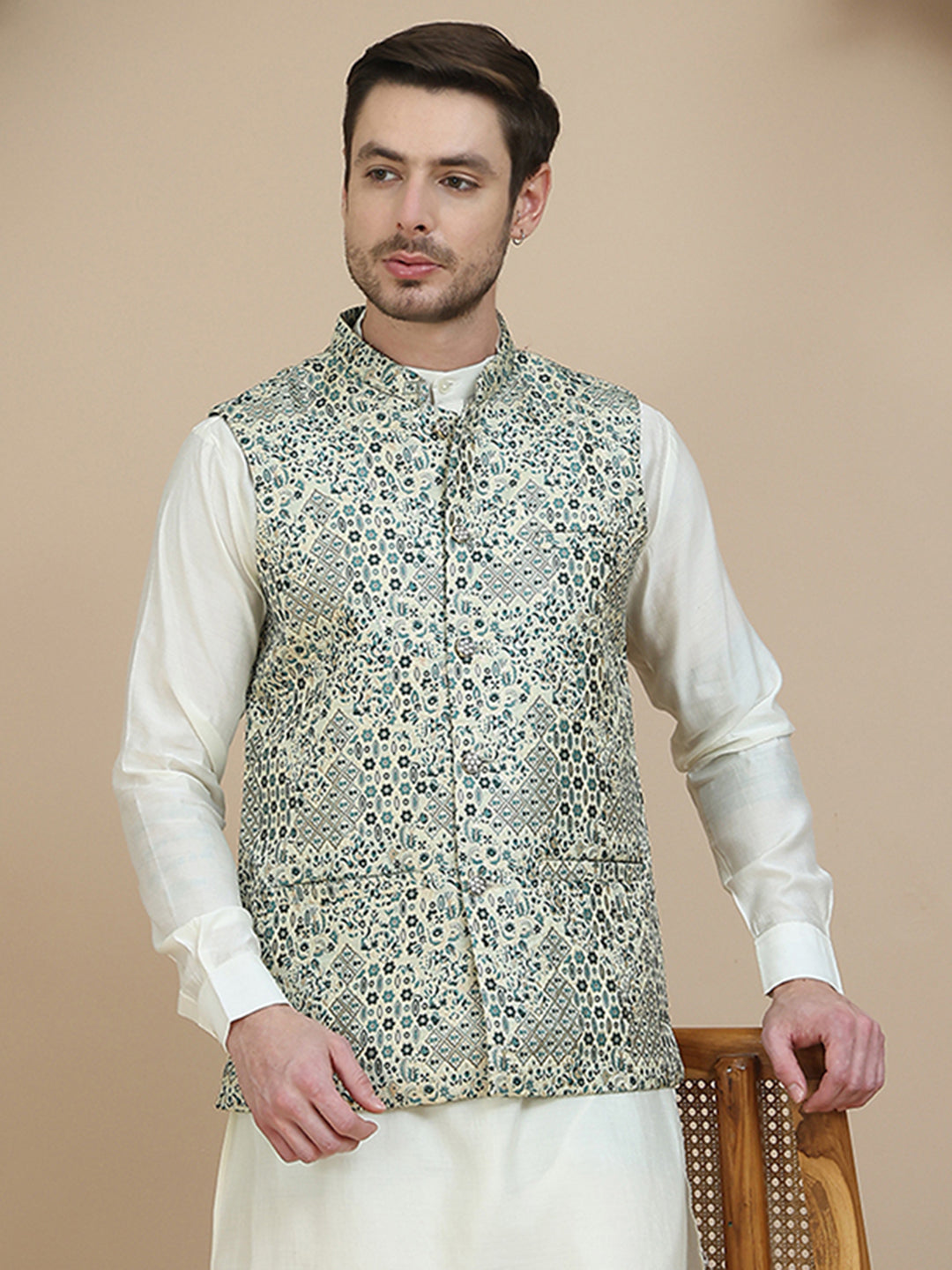 Woven Design Nehru Jacket For Men