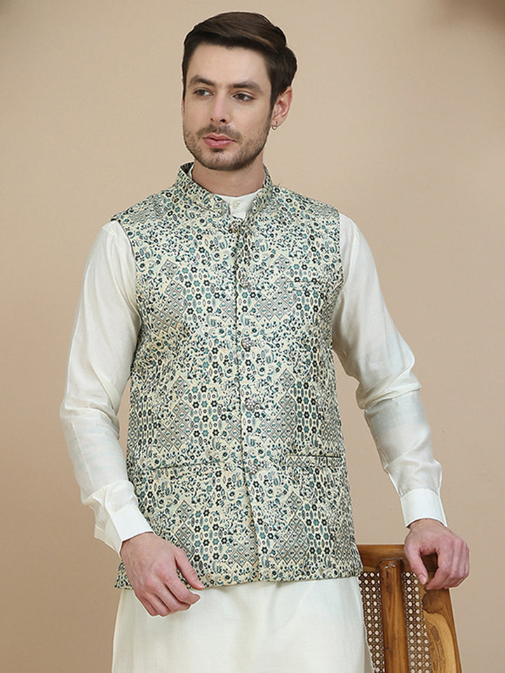 Woven Design Nehru Jacket For Men
