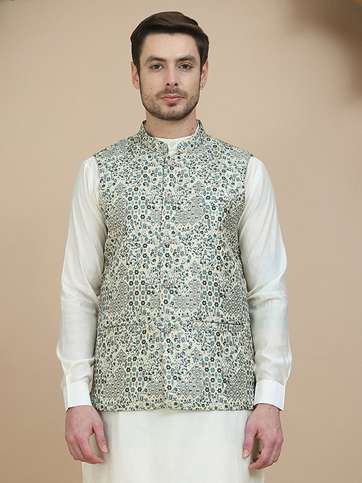 Woven Design Nehru Jacket For Men
